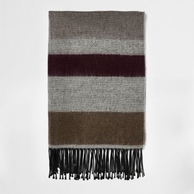 Grey block stripe tassel scarf